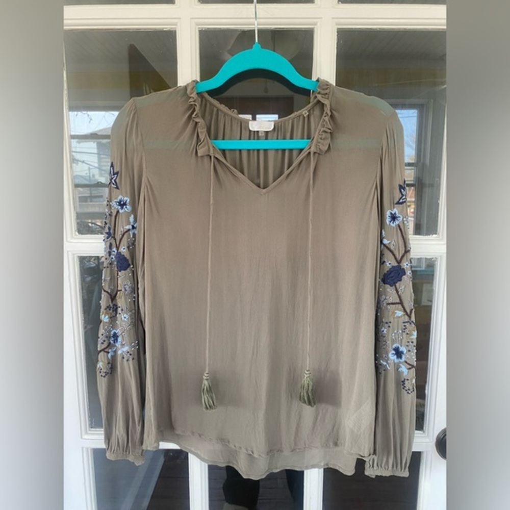 Anthropologie Green Embellished Tie Front Blouse